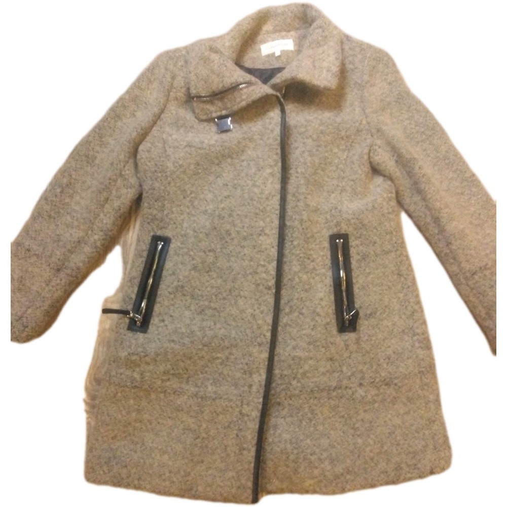 Calvin Klein Women's Large Faux-Leather-Trim Wool Blend Long Coat Zip‎ Jacket